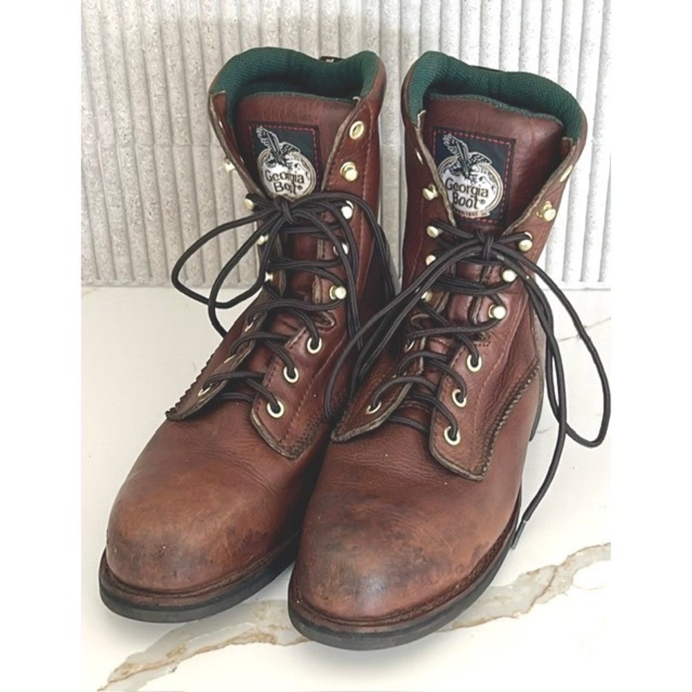 Georgia Boot Farm & Ranch G7614 Brown Leather Work Boots Vibram Mens 9M EH ASTM